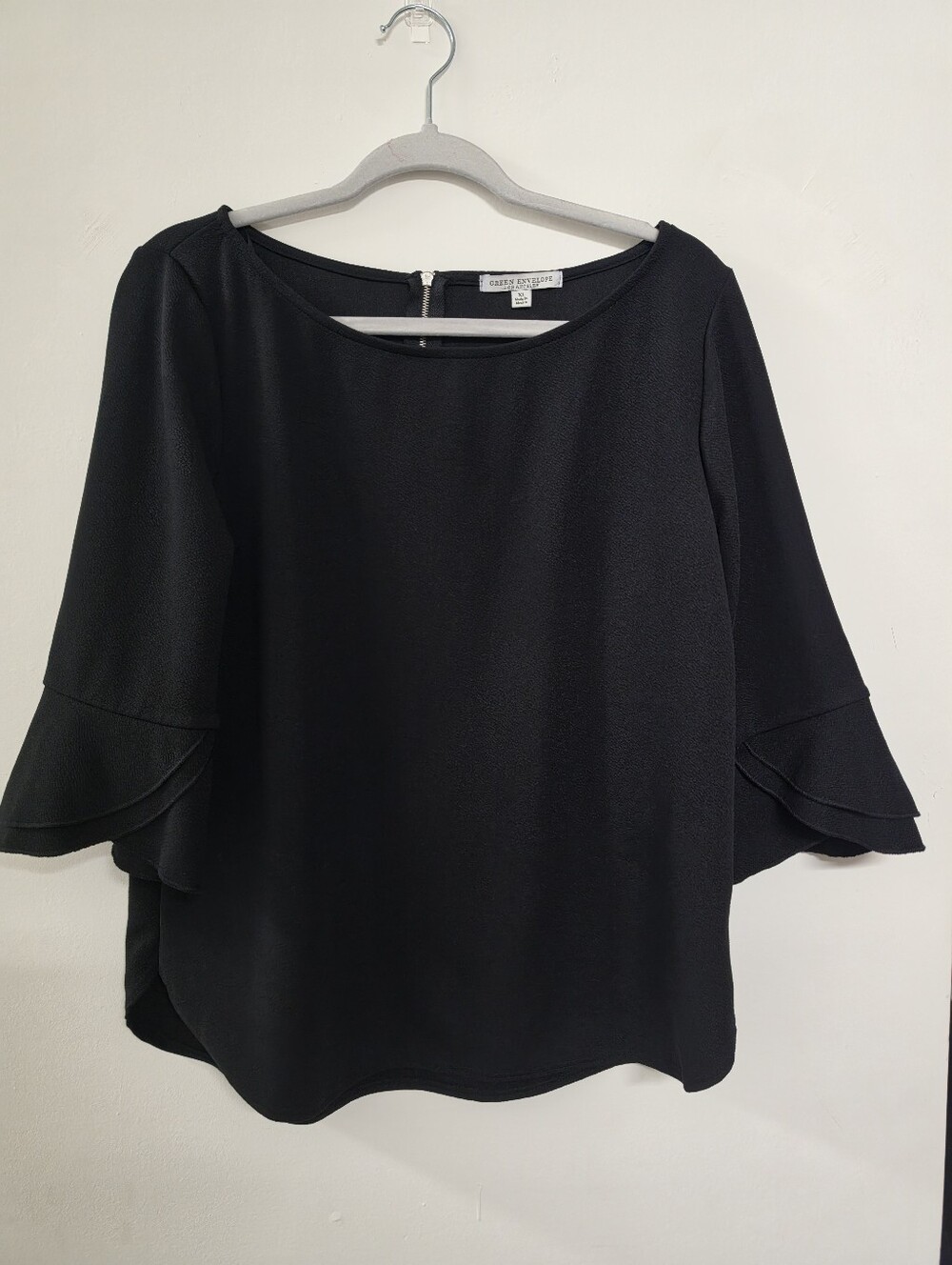 Green Envelope Black Ruffle Sleeve Blouse
